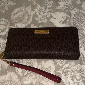 Michael Kors Dark Brown Wristlet with Red Strap